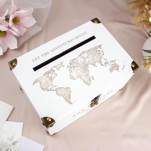 Caja para tarjetas de boda gótica - Caja negra con sobre y cerradura - Caja para tarjetas y regalos de boda de Halloween - Hucha de madera grabada con pareja Blanco