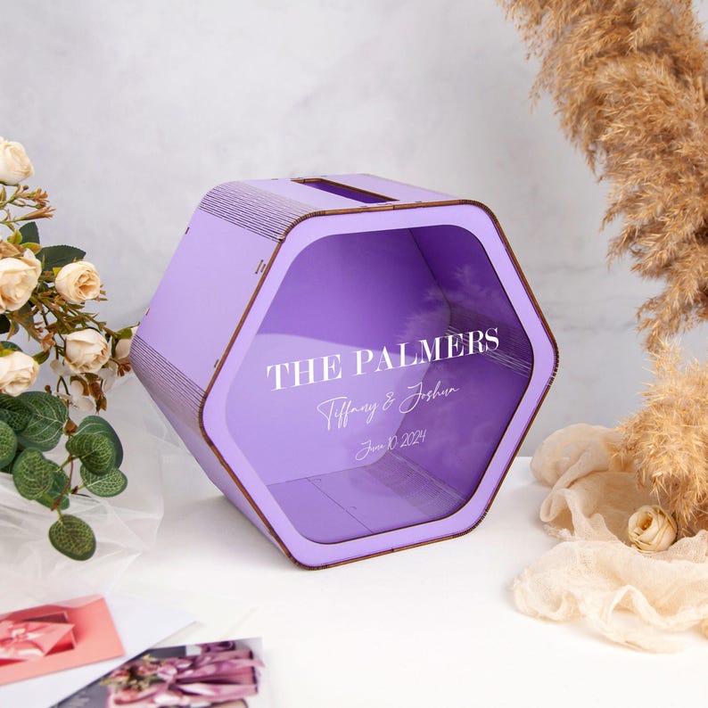 Personalized Card Box, Wedding Keepsake Box Cards & Gifts Box for Wedding Reception Decor Custom Wedding Box with Slot, Elegant Envelope Box Lavender