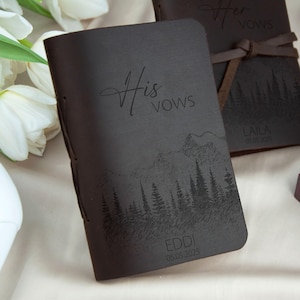 Leather Vow Books Set of 2 - Personalized Leather Wedding Journals with Mountains - Custom Wedding Vows - Bridal Shower Gifts for Couple Brown