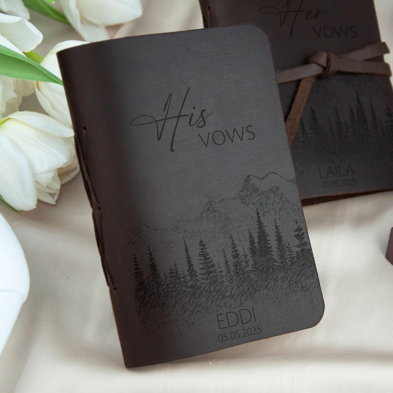 Leather Vow Books Set of 2 - Personalized Leather Wedding Journals with Mountains - Custom Wedding Vows - Bridal Shower Gifts for Couple Brown