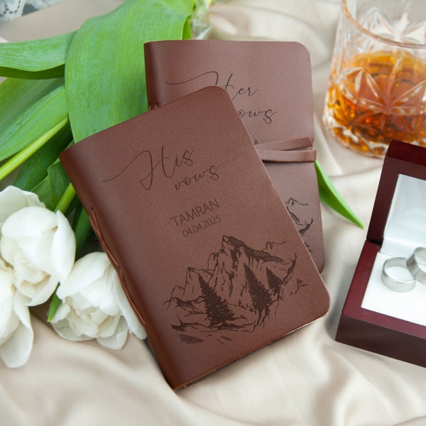 His and Her Bow Books with Mountains - Custom Vow Books Set of 2 - Personalized Leather Journals for Wedding Ceremony Outdoor Themed Wedding