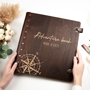 Personalized Album Wooden Memory Book Adventure Gift Engraved Album for Travelers Anniversary Gift for Couple Family Christmas Gifts