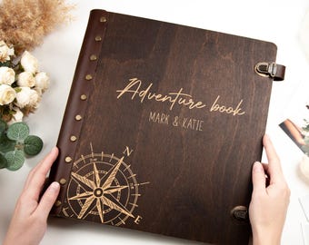 Personalized Album Wooden Memory Book Adventure Gift Engraved Album for Travelers Anniversary Gift for Couple Family Christmas Gifts