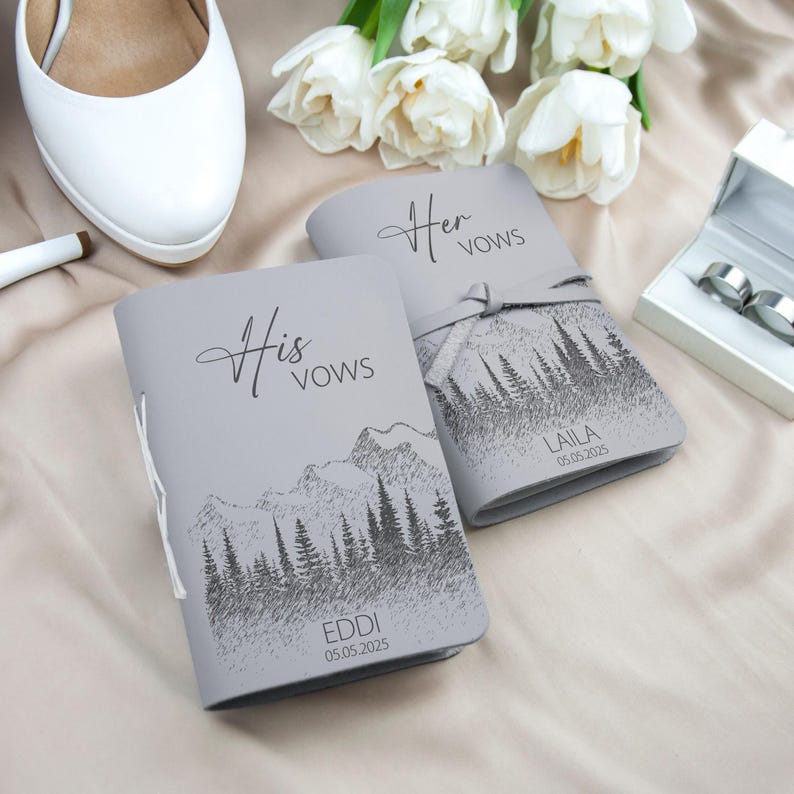 Leather Vow Books Set of 2 - Personalized Leather Wedding Journals with Mountains - Custom Wedding Vows - Bridal Shower Gifts for Couple Light Gray