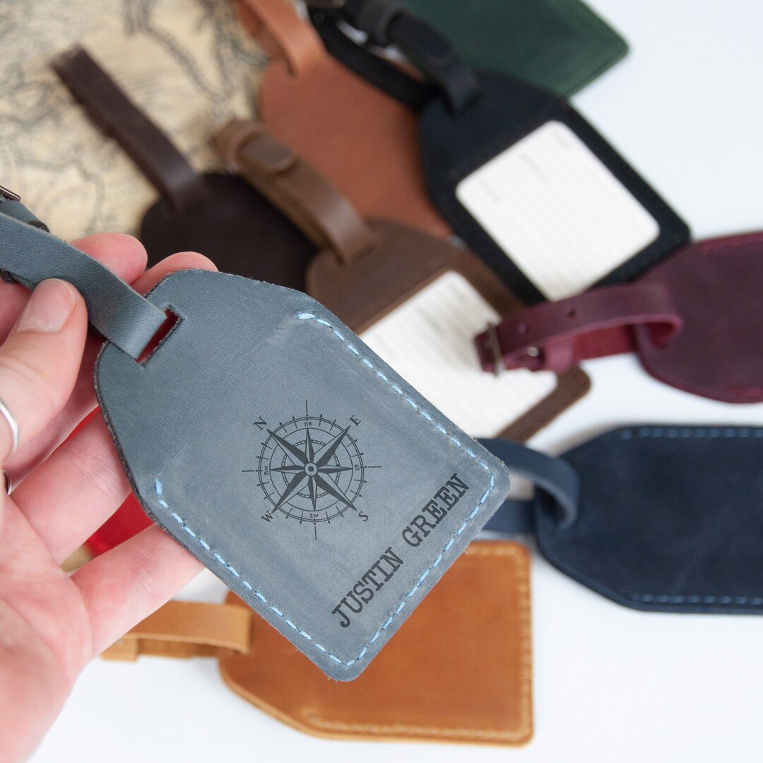 Leather Travel Tag With Compass Personalized Travel Gifts for Him or
