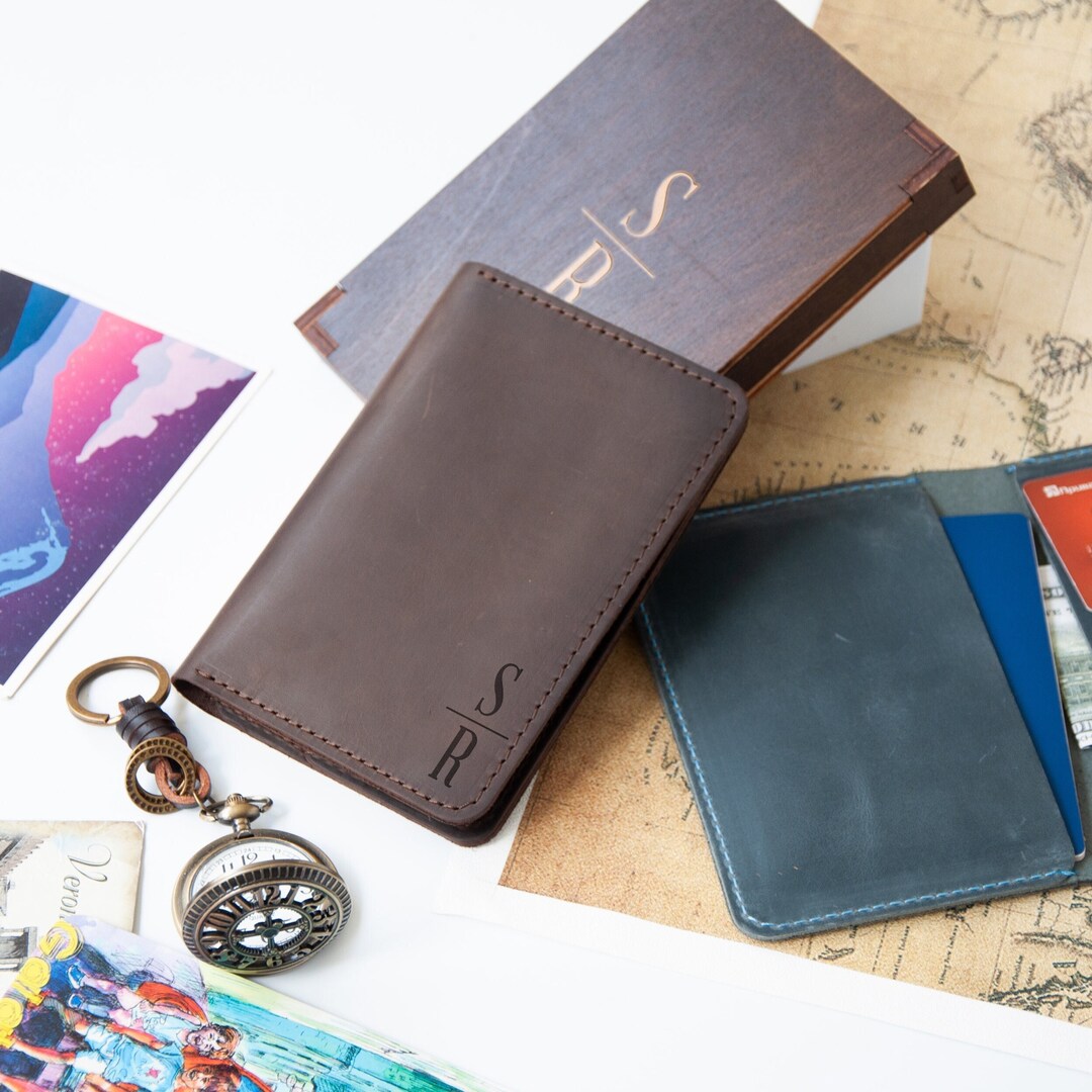 Personalized Leather Travel Wallet Monogrammed Mens Wallet for