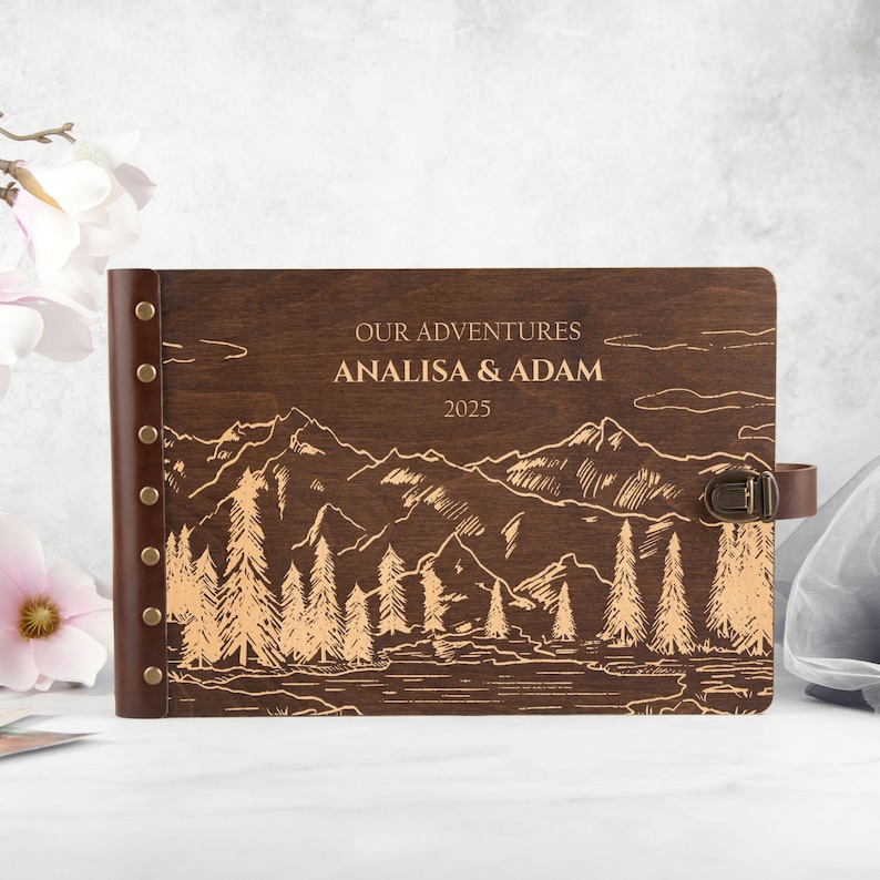 Personalized Photo Album Mountain Adventure Gift for Couple Travel Scrapbook Album Anniversary Gift Custom Album Memory Book Wood Photo Book