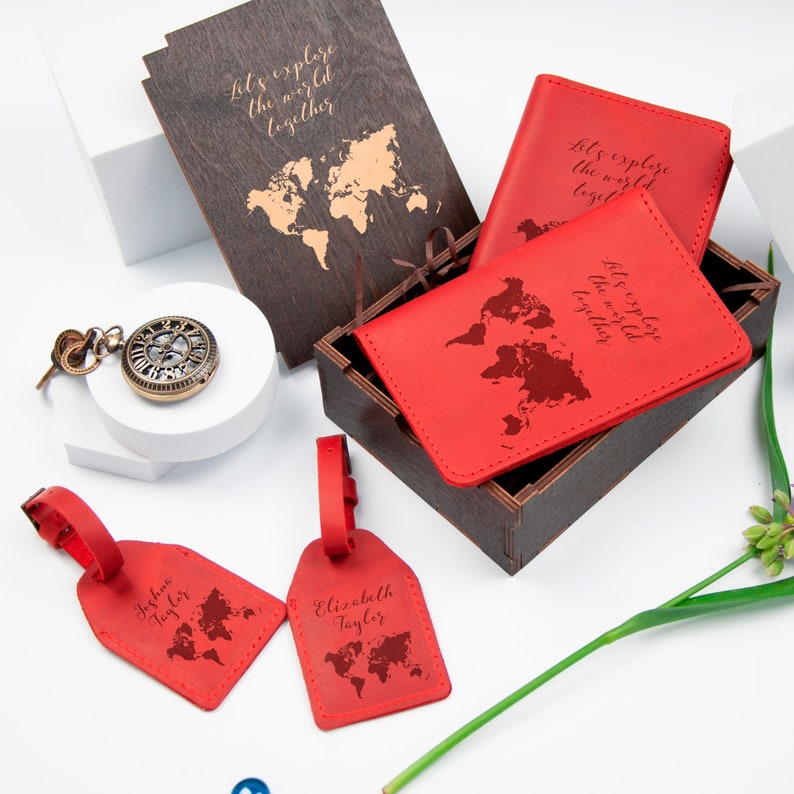 Anniversary Travel Gifts Couple Travel Gift Set World Map Leather Travel Wallet Personalized Passport Holder Luggage Tag Mr and Mrs Gifts image 7