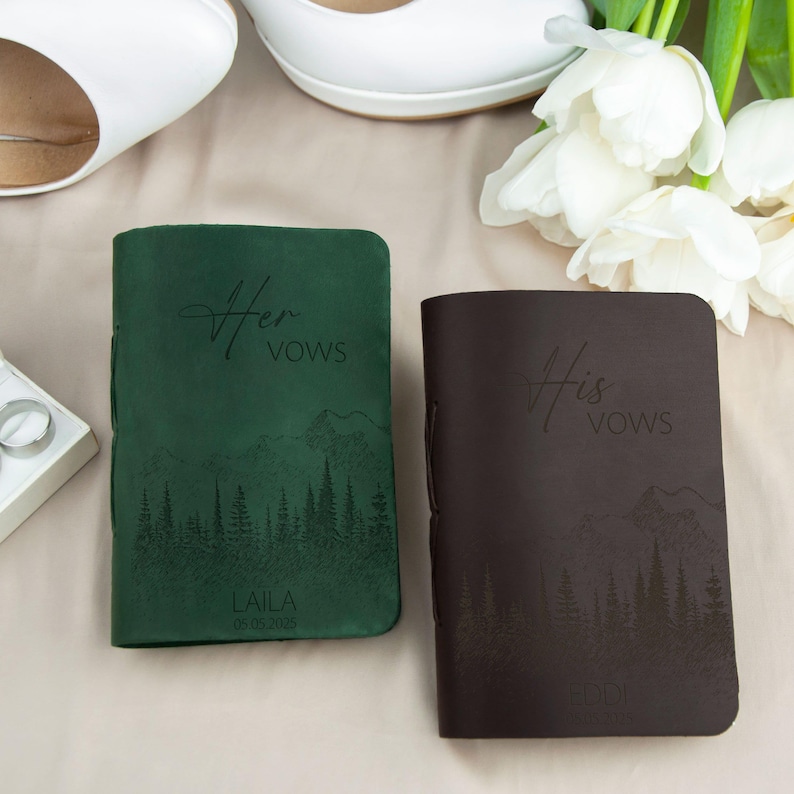 Leather Vow Books Set of 2 - Personalized Leather Wedding Journals with Mountains - Custom Wedding Vows - Bridal Shower Gifts for Couple image 8