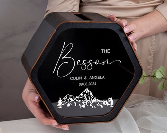 Wooden Card Box for Wedding Reception, Personalized Wedding Box for Cards & Gifts, Custom Mountains Wedding Card Box with Mountains