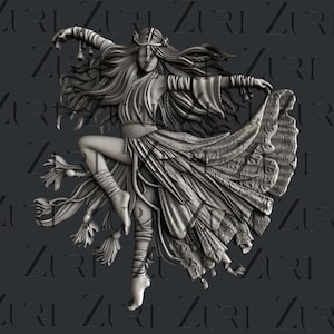 Puede incluir: Escultura en escala de grises de una mujer con un vestido fluido, a medio bailar. Su largo cabello está adornado con una corona. El vestido tiene detalles intrincados y borlas cuelgan de sus brazos y piernas. El fondo es gris oscuro con la palabra "Zuri" repetida.