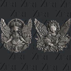 May include: Two 3D printed angel figurines with intricate details. The angels are depicted with wings, flowing hair, and ornate clothing. One angel is holding a flower, while the other is holding a bird.