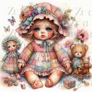 Patchwork Dolls digital images, 17 clipart images, digital files for birthdays, greeting cards, dolls image bundle, doll image, doll digital
