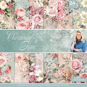 Crafter's Companion - Coleção de rosas de Natal - Bloco de papel 12 x 12, 24 folhas frente e verso, Natal, feriados, floral, inverno, scrapbooking