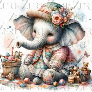 May include: A watercolor painting of a gray elephant wearing a pink and green patchwork dress and a straw hat with flowers. The elephant is sitting on a patchwork quilt with a toy wagon full of colorful toys and a butterfly.