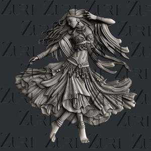 Puede incluir: Representación 3D en escala de grises de una figura bailando con un atuendo fluido. La figura está adornada con detalles intrincados, incluyendo una falda en capas, un top con cuentas y cabello largo y suelto. El fondo presenta un patrón repetido de la palabra "Zuri".