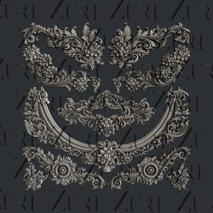 May include: A collection of ornate, silver-colored decorative architectural elements. The designs feature floral and scrollwork patterns, including stylized flowers and leaves. The pieces are arranged against a dark gray background, showcasing their intricate details and textures.