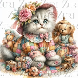 May include: A whimsical illustration of a fluffy white cat with blue eyes, wearing a patchwork dress and a bonnet adorned with flowers. The cat is surrounded by teddy bears and toy trains, all set on a colorful quilt.