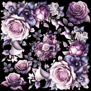 Könnte beinhalten: Ein quadratisches Blumenmuster mit einer Vielzahl von violetten und rosafarbenen Rosen, Lilien und anderen Blumen auf schwarzem Hintergrund.