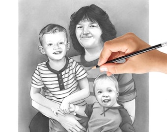 Hand Drawn Family Portrait From Photo, Gift for Mom Personalized Mother's Day Gift, Custom Pencil Drawing, Memorial Gift Portrait Commission
