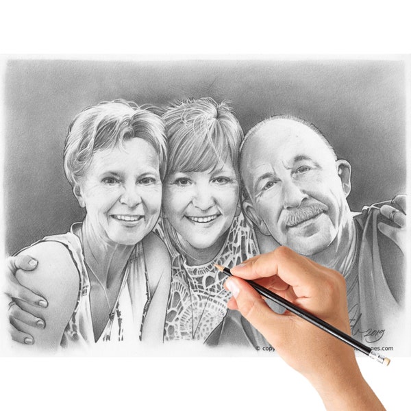 Hand Drawn Family Portrait From Photo, Personalized Gift for Mom, Dad or Grandparents, Custom Pencil Drawing, Memorial Portrait Commission