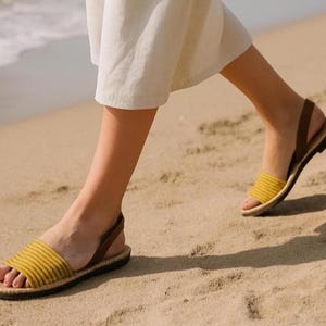 Mustard Jute Avarcas Sandals: Handmade Leather Flats, Mediterranean Style