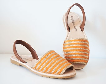 Handmade striped leather sandals for women/ Menorquinas-Avarcas striped sandals made with spanish leather and jute / Handmade in Spain