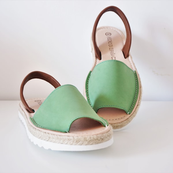 Green leather espadrilles sandals with white outsole/ Leather summer flatform made with spanish leather/ Two colored leather shoes for women