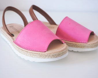 Pink open toe sandals for women/ pink espadrilles with white outsole /Handmade spanish leather sandals / Ibiza boho style shoes