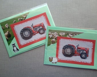 Red Tractor -  Completed Cross Stitched Card