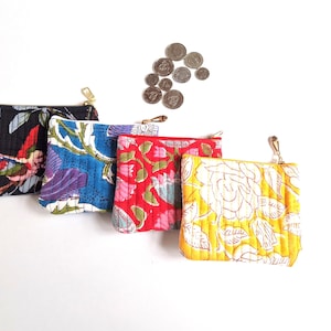 Petites pochettes plates en coton indien matelassées, porte-monnaie, double face, fermeture éclair 11 x 13 cm