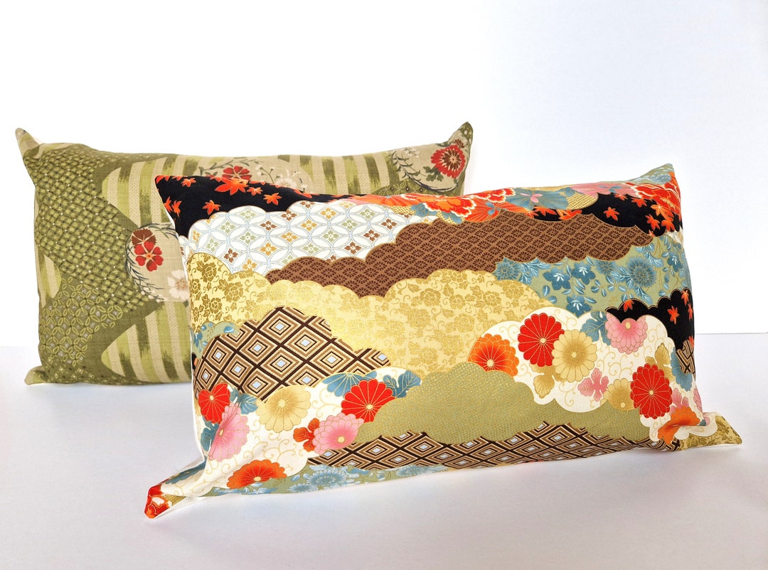 Japanese Cushion Cover, Clouds With Maple Leaves, Golden Cushion, Rectangular Cushion, Dim 50 X