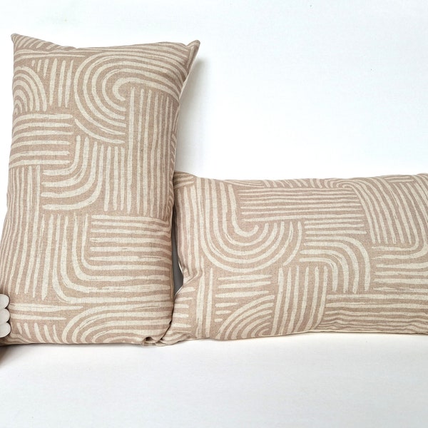 Housse de coussin géométrique et ethnique, tissu coton beige, rectangulaire, décoration intemporelle