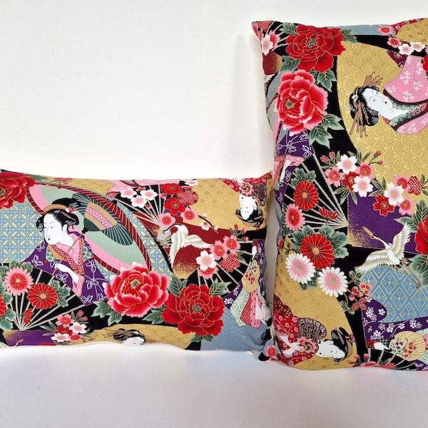 Housse de coussin, tissu  japonais multicolores,  geishas, rectangulaire, 30 x 50 cm, 12" x 20"