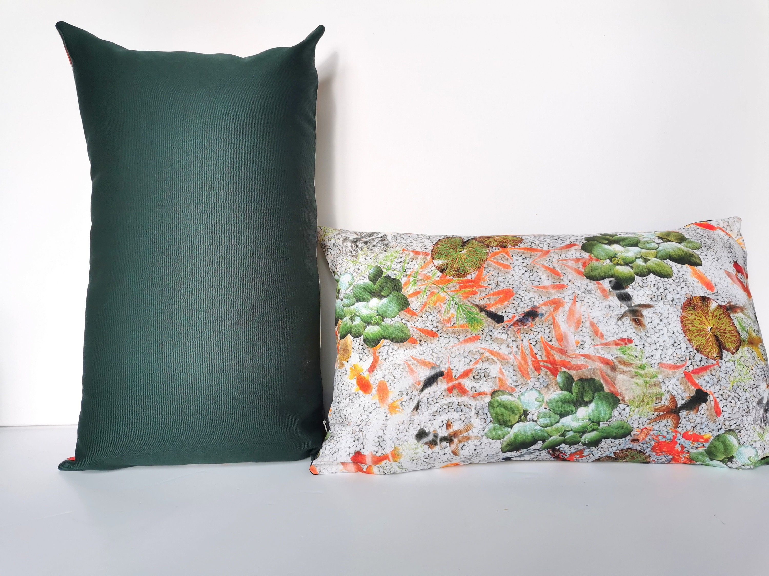 Housse de Coussin, Tissu Imprimé, Poissons, Goldfish, Coussin Rectangulaire, Vert Sapin, Double Face