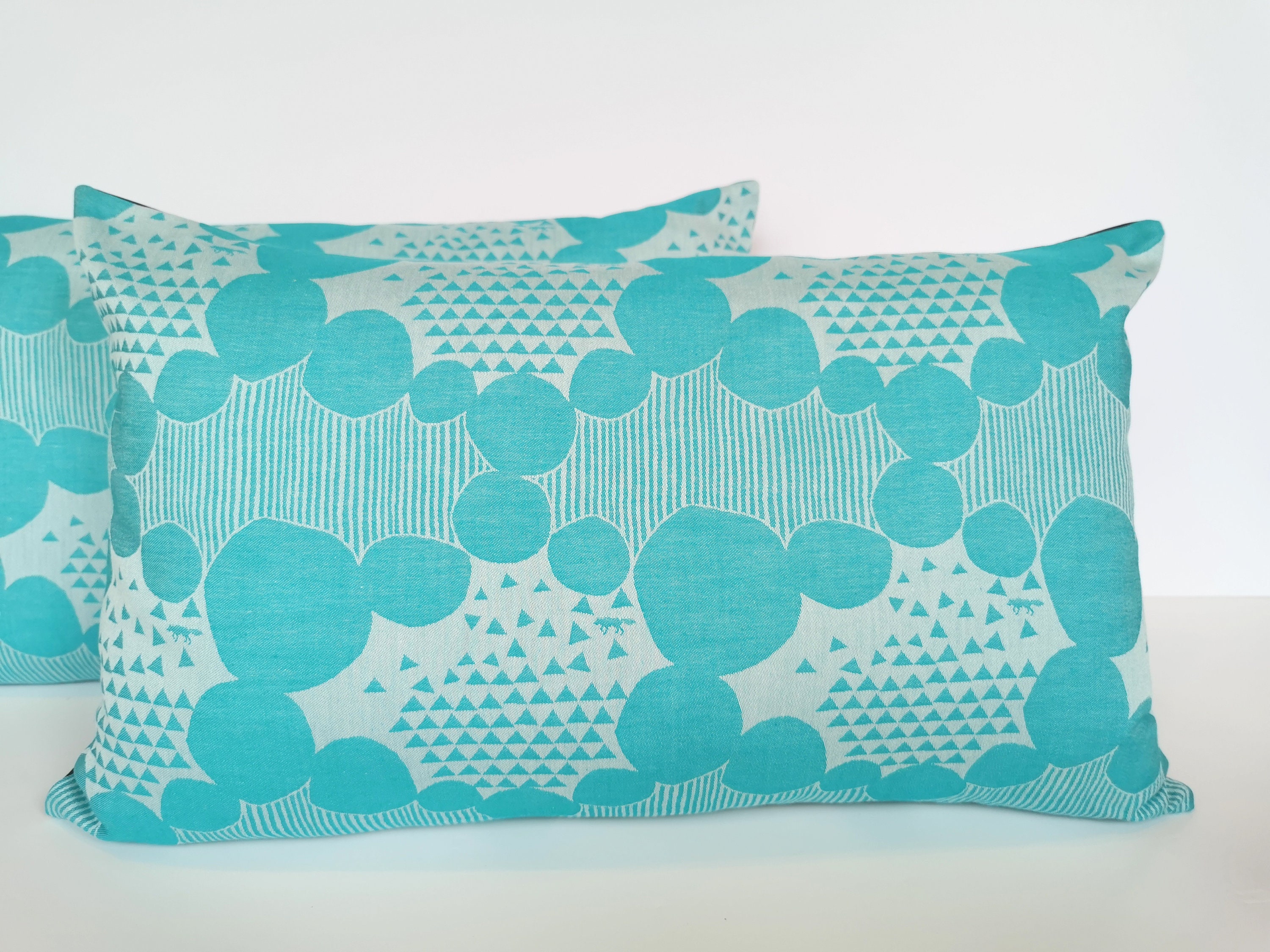 Housse de Coussin, Tissus Japonais, Echino, Kokka, Jacquart Bleu Turquoise et Gris, Renards, Rectang