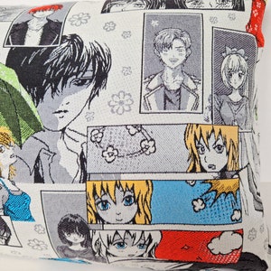 Mangas, housse de coussin en tissu jacquard épais, bande dessinée autour des femmes mangas, noir et blanc, touches rouge, bleu et jaune image 5