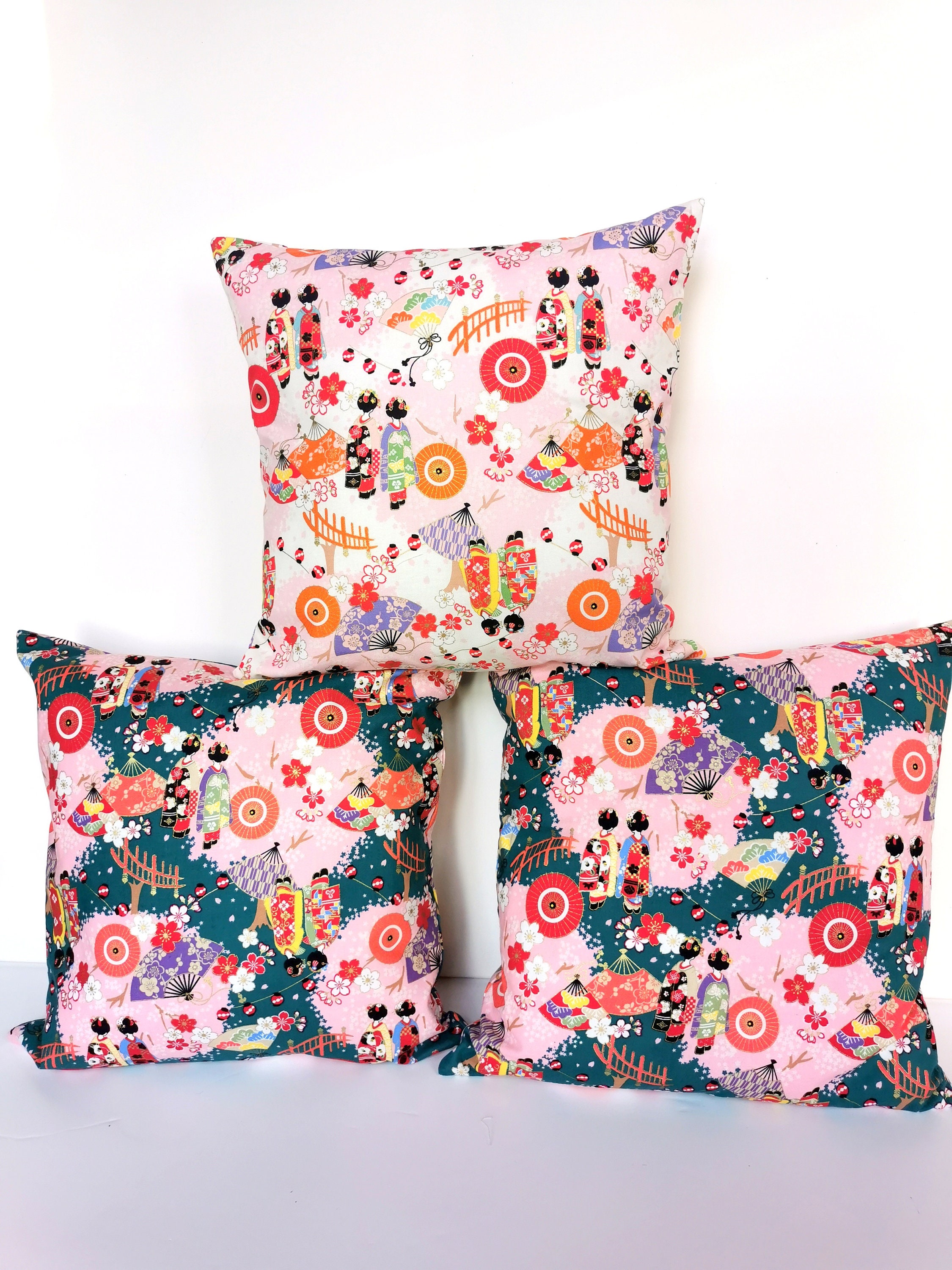 Au Choix, Housse de Coussin, Tissu Japonais Geishas, Fond Rose ou Vert Épinard, Multicolores, Double