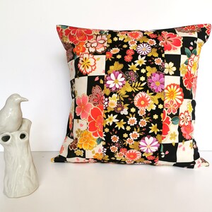 Cushion cover, patchwork, Japanese fabrics, checkered, black, white and multicolored flowers, square, 40 x 40 cm (15.74' x 15.74')