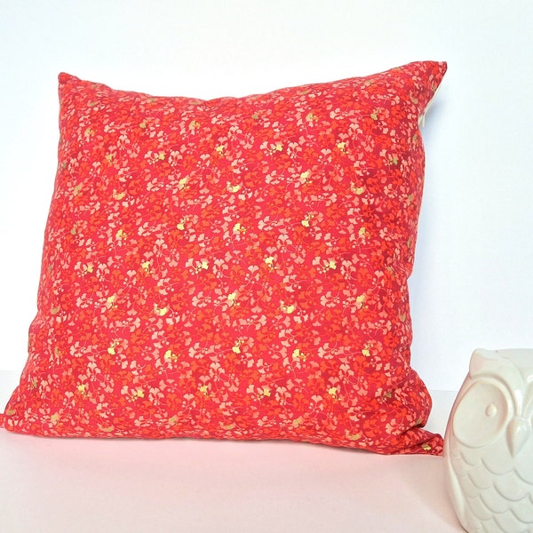 Housse de coussin, tissu en coton, jardin, rose saumon foncé avec fleurs de ginkgo doré , carré