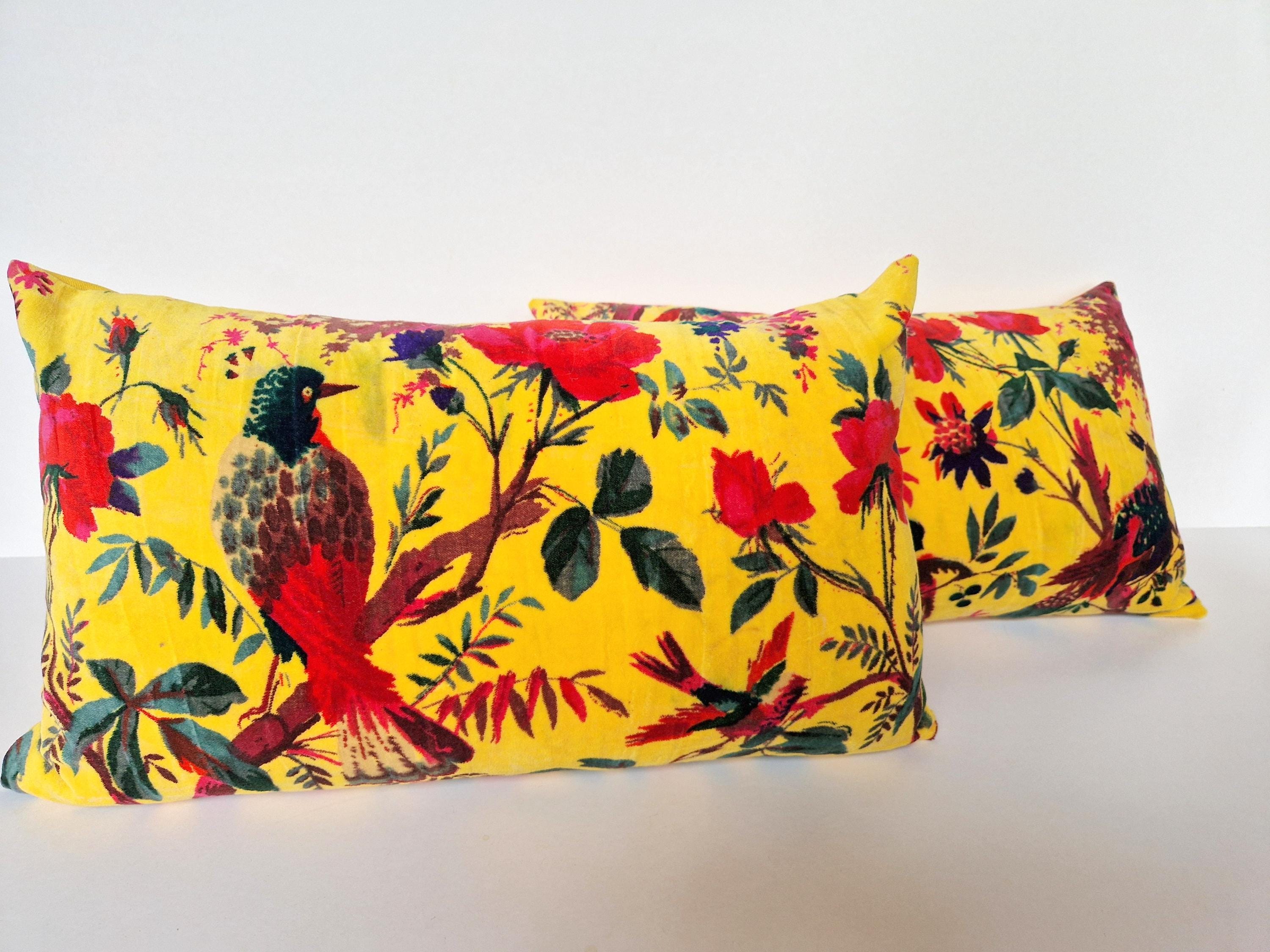 Bohemian Cushion Cover in Warm Yellow Blue Velvet, Birds in Flower