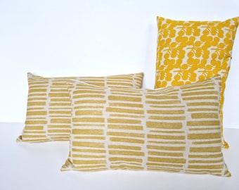 Cushion cover, geometric fabric, mustard yellow lines natural linen color background, rectangular