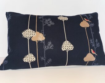 Cushion cover, navy blue Japanese fabric, linen and cotton canvas, Echino, &quot;Balance Bird&quot; collection, rectangular, 12&quot; x 20&quot;