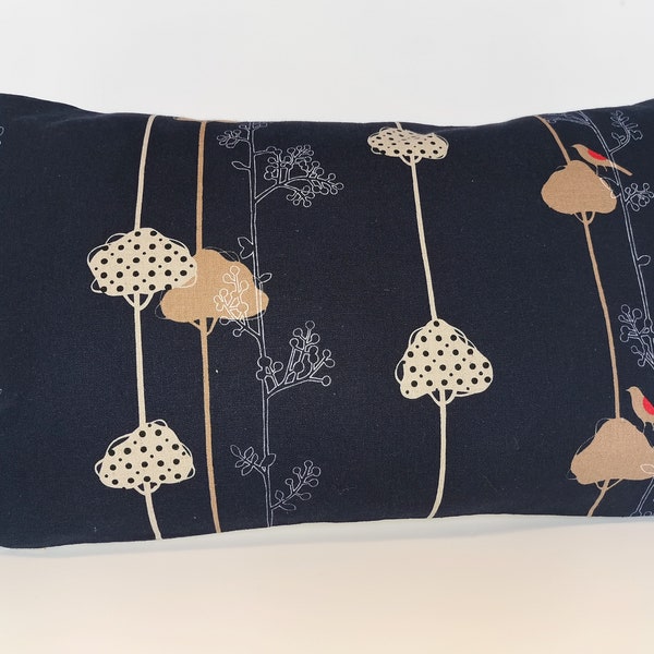 Cushion cover, navy blue Japanese fabric, linen and cotton canvas, Echino, "Balance Bird" collection, rectangular, 12" x 20"