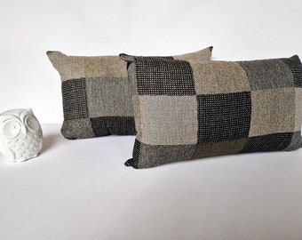 Housse de coussin rectangulaire en tissu tissé noir, beige, gris. Tissu japonais. Patchwork