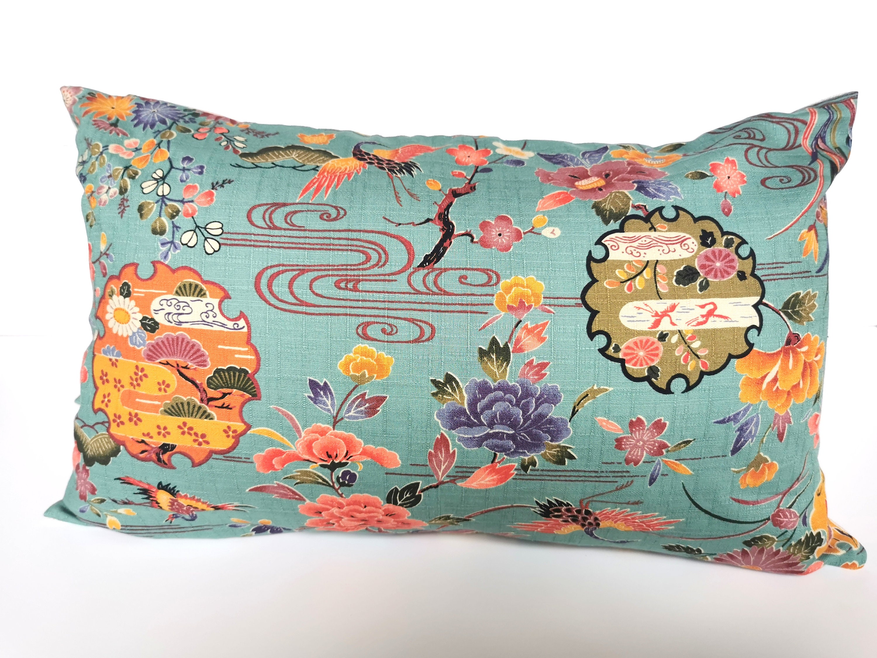 Housse de Coussin, Tissu Asiatique Coton, Bleu, Fleurs, Oiseaux, Rectangulaire, 30 X 50 cm