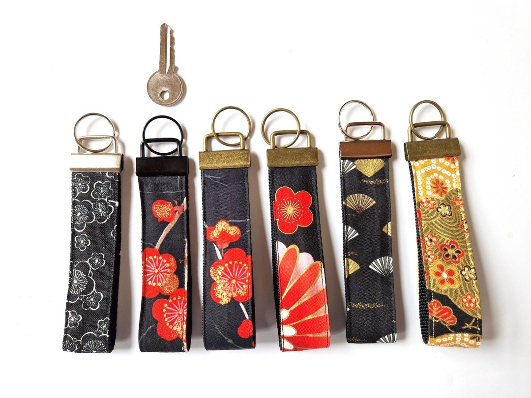 Japanese Fabric Wrist Key Ring on Black Strap, Wrist Strap, Rings, 13cm ...