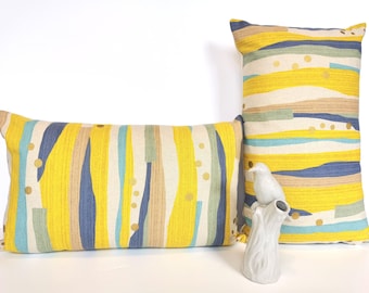 Cushion cover, Japanese fabrics, geometric decoration, Kokka, yellow, blue and ecru, rectangular, 50 x 30 cm, 12 &quot;x 20&quot;