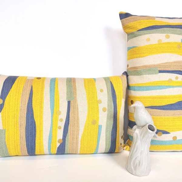 Cushion cover, Japanese fabrics, geometric decoration, Kokka, yellow, blue and ecru, rectangular, 50 x 30 cm, 12 "x 20"
