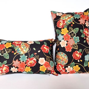 Cushion cover, Japanese fabrics, multicolored, orange symphony, maple leaves and balls. Rectangular 30 x 50 cm, 11' x 19'